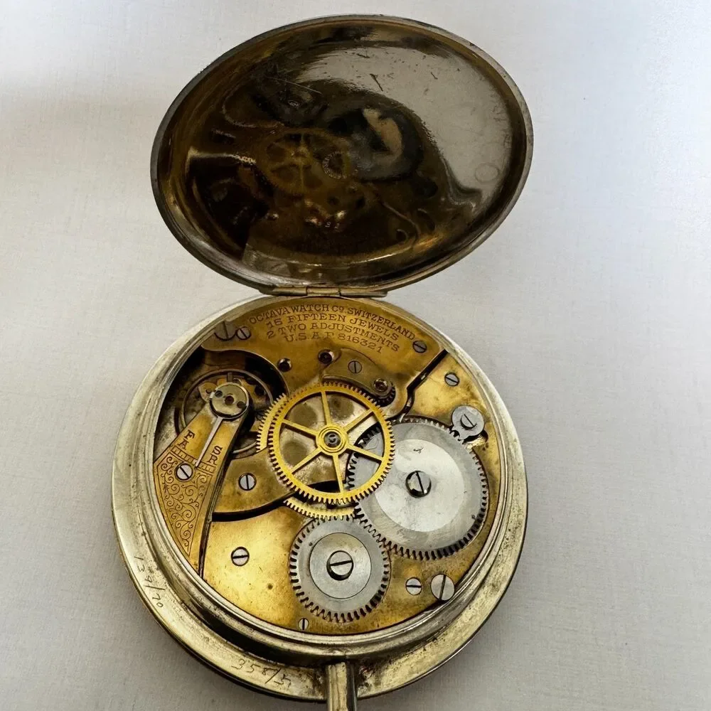 1909 Octava 8 Day Brass & Silver Swiss Train Watch, 15 Jewels, Keeps Time!